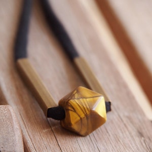 marbled golden brown and brass tube minimalist polyhedron necklace with ivory white cotton jersey geometric modern image 1