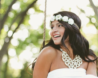 ivory rice wood geometric mosaic necklace - bridal