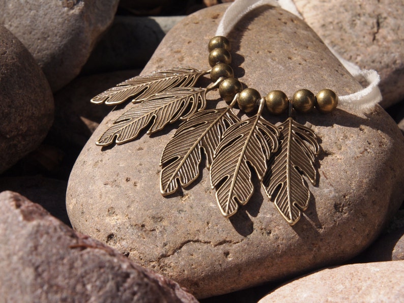 metal feather leafy bronze or copper with ribbed ivory organic cotton // modern // vintage // boho // rustic image 4