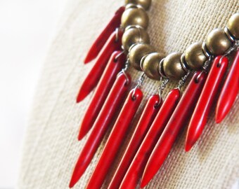 red spiky necklace with brass and grey cotton jersey // red hot chili peppers //