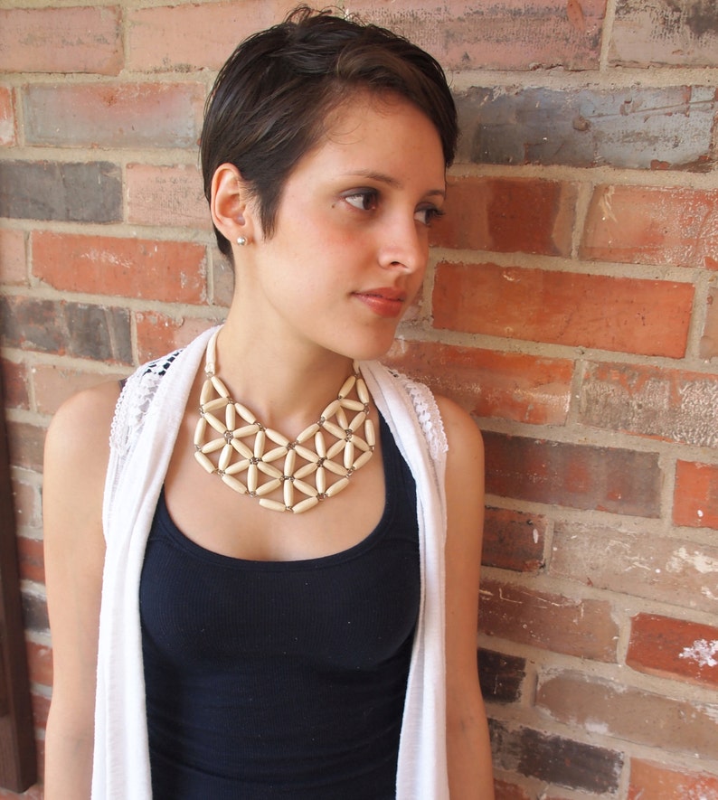 ivory rice wood geometric mosaic necklace image 3