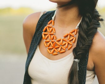 orange rice wood geometric mosaic necklace