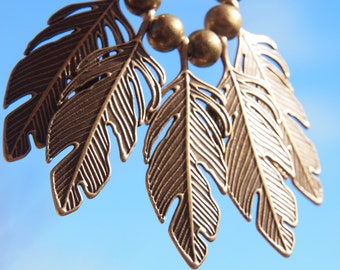 metal feather leafy bronze or copper with ribbed ivory organic cotton // modern // vintage // boho // rustic