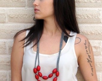 red wooden necklace with grey cotton jersey / under 30 dollars / holiday gift / best seller