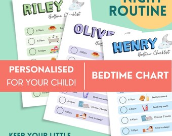 May include: A collection of personalized bedtime charts for children. Each chart features a child's name, a moon graphic, and a checklist with bedtime activities. The charts are designed to help children follow a night routine.