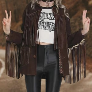 Chaqueta vintage de ante con flecos para mujer, estilo vaquera occidental, con borlas