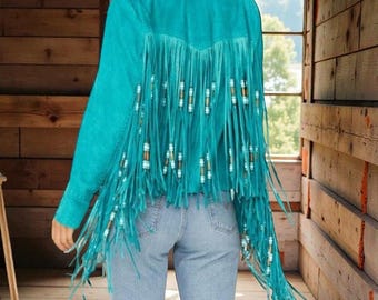 Chaqueta de ante auténtico con flecos para mujer, estilo western, abrigo largo de cuero con flecos para mujer.