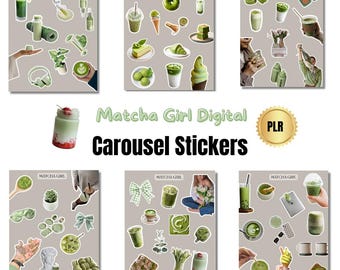 May include: A collection of digital stickers featuring matcha-themed illustrations. The stickers showcase various matcha drinks, desserts, and related items in shades of green, with the text "Matcha Girl Digital Carousel Stickers".