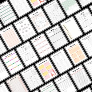 May include: A collection of printable planner pages, including a 30-day challenge, yearly planner, decluttering plan, and more. The pages feature pastel colors and various layouts for organization and goal setting. The text includes "Wheel of Life" and "2026 Calendar".