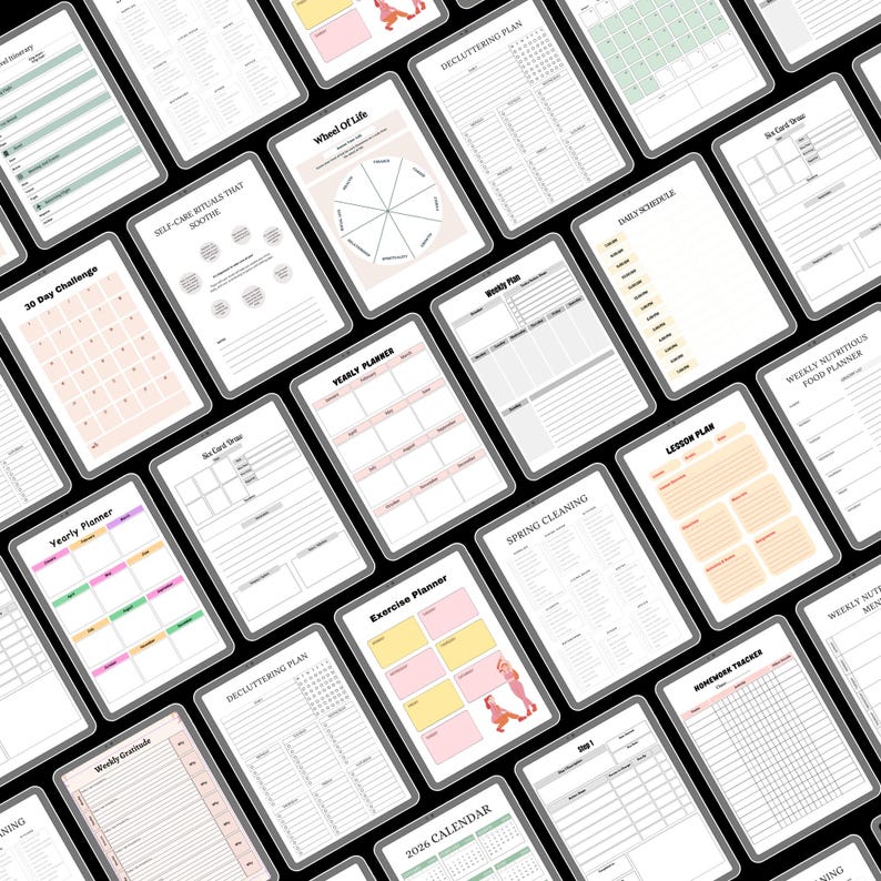 May include: A collection of printable planner pages, including a 30-day challenge, yearly planner, decluttering plan, and more. The pages feature pastel colors and various layouts for organization and goal setting. The text includes "Wheel of Life" and "2026 Calendar".
