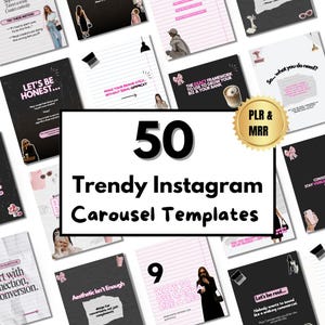 May include: A collection of 50 Trendy Instagram Carousel Templates. The central image features a large black rectangle with white text, surrounded by smaller images with text and graphics. The templates are designed for business and marketing use.