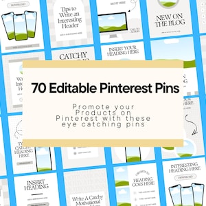 Może przedstawiać: Zestaw 70 edytowalnych pinów Pinterest, głównie w kolorze jasnoniebieskim i białym. Piny są przeznaczone do promocji produktów i zawierają miejsca na nagłówki, obrazy i wezwania do działania. Tekst brzmi "70 Edytowalnych Pinów Pinterest".