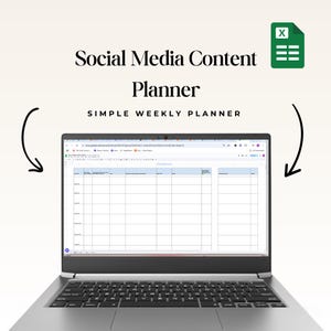 May include: A laptop displaying a spreadsheet labeled "Social Media Content Planner" with the text "Simple Weekly Planner" above the screen. A green icon with a white "X" and horizontal lines is in the upper right corner. Black arrows curve around the laptop.