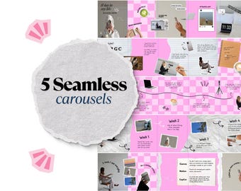 Pode incluir: Uma apresentação de marketing digital com o texto "5 Seamless carousels" em um fundo de papel rasgado. A apresentação apresenta um design xadrez rosa e branco com várias imagens e texto, incluindo o texto "Week 1", "Week 2", "Week 3" e "Week 4".