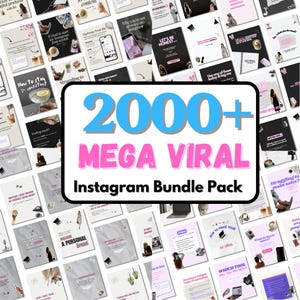 Puede incluir: Una colección de plantillas de Instagram con fondo blanco. La imagen central presenta el texto "2000+ MEGA VIRAL Instagram Bundle Pack" en azul y rosa. Las imágenes circundantes muestran texto y gráficos relacionados con el marketing en redes sociales.