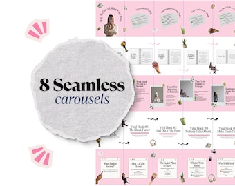May include: A pink and white graphic with the text "8 Seamless carousels". The image is a guide with tips on social media engagement, including "Viral Hook" strategies and advice on content creation and audience interaction.
