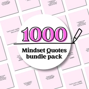 Puede incluir: Un conjunto de tarjetas rosas con texto blanco, que rodean un gráfico circular. El gráfico presenta el número "1000" en rosa, las palabras "Mindset Quotes bundle pack" y un dibujo de un bolígrafo.