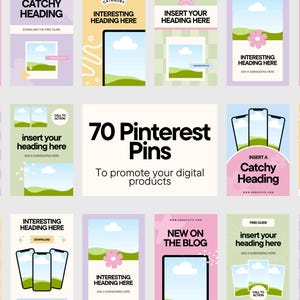 Könnte beinhalten: Eine Sammlung farbenfroher Pinterest-Pin-Vorlagen mit verschiedenen Designs. Das zentrale Bild zeigt "70 Pinterest Pins" und "Zur Förderung Ihrer digitalen Produkte". Andere Vorlagen enthalten Text wie "Catchy Heading" und "Interesting Heading Here".
