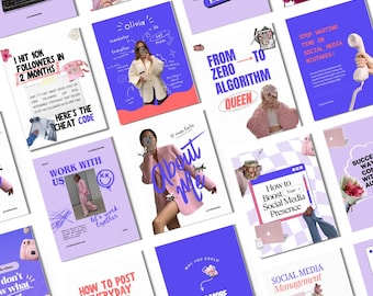 Könnte beinhalten: Eine Sammlung von Social-Media-Marketing-Leitfäden mit lila und weißen Hintergründen. Die Leitfäden enthalten Texte wie „Social Media Expert“, „How to Post Everyday“ und „From Zero to Algorithm Queen“.