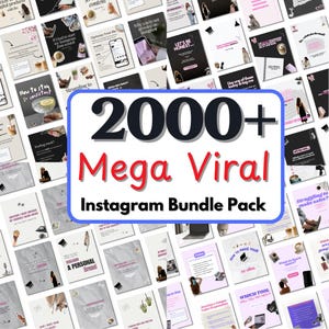 Puede incluir: Un conjunto de plantillas de publicaciones de Instagram con diversos diseños. Una pancarta central, azul y blanca, muestra "2000+ Mega Viral Instagram Bundle Pack". Las plantillas cubren varios temas para marketing.