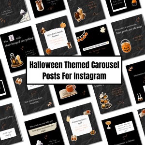 Könnte beinhalten: Eine Sammlung schwarzer Instagram-Post-Vorlagen mit Halloween-Illustrationen und Zitaten. Der zentrale Text lautet "Halloween Themed Carousel Posts For Instagram". Jeder Post zeigt Kürbisse, Kerzen und andere festliche Elemente.