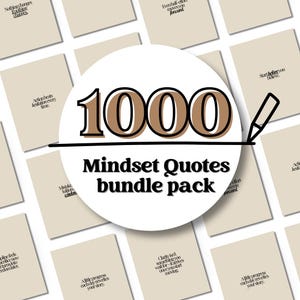 Könnte beinhalten: Eine Sammlung beigefarbener quadratischer Karten mit Motivationszitaten, die eine kreisförmige Grafik umgeben. Die Grafik zeigt die Zahl "1000" in Braun, darunter die Worte "Mindset Quotes bundle pack". Auf der rechten Seite ist ein Stift abgebildet.