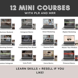 May include: An image showcasing 12 mini-courses with PLR and MRR, each represented by a laptop and smartphone. Course topics include Business Backend, Instagram Basics, Email Marketing, and Digital Marketing. The text at the bottom reads: LEARN SKILLS + RESELL IF YOU LIKE!