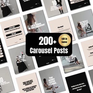 Può includere: Una collezione di modelli di post carosello per social media. L'immagine centrale presenta il testo "200+ Carousel Posts" con un pulsante "Edit in Canva". I post riguardano argomenti come i Reel di Instagram e l'engagement.