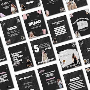 Op de afbeelding: Een verzameling zwart-wit social media marketing templates met tekstoverlays. De templates bevatten zinnen als "Instagram Stories", "Faceless Content" en "Brand". Het thema richt zich op content creatie en verkoopstrategieën.