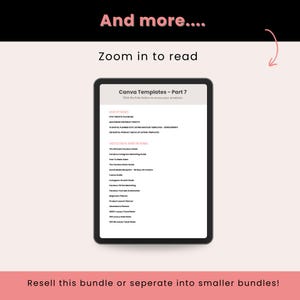 May include: A digital tablet displays a list of Canva templates and digital marketing guides. The screen shows text including "Canva Templates - Part 7" and "Faceless Digital Marketing Bundle". The background is a light pink color.