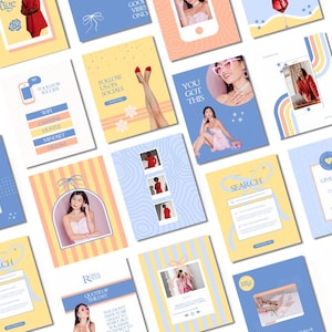 Puede incluir: Una colección de tarjetas coloridas y estilizadas con varios diseños. Algunas tarjetas presentan imágenes de personas, mientras que otras tienen texto como "Follow Us on Socials" y "You Got This". La paleta de colores incluye amarillo, azul y rosa.