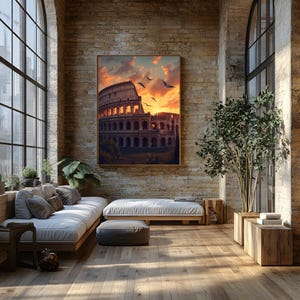 Puede incluir: Una impresión en lienzo enmarcada del Coliseo al atardecer, con pájaros volando en el cielo. La obra de arte se exhibe en un salón moderno con un sofá, un otomán y suelo de madera. La habitación tiene grandes ventanales y paredes de ladrillo visto.