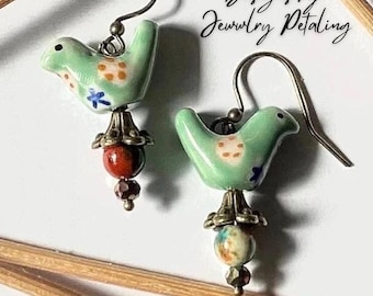 Hand-Painted Porcelain Bird Earrings – Czech Glass & Jasper Beads