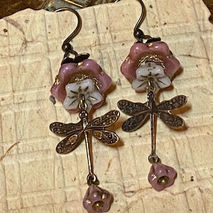 Woodland Dragonfly Earrings – Czech Glass, Antique Brass