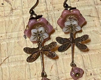 Woodland Dragonfly Earrings – Czech Glass, Antique Brass