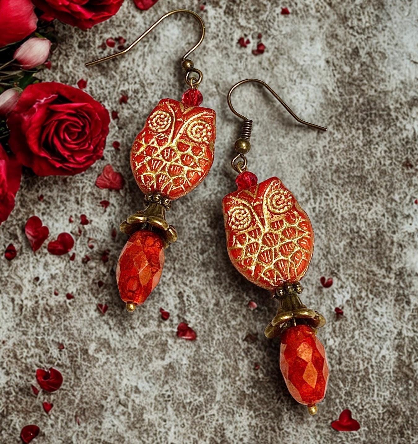 Red Czech Glass Owl Earrings &ndash; Valentine's Brass Dangle