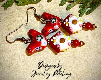 Hand-Painted Porcelain Bird with Birdhouse Earrings