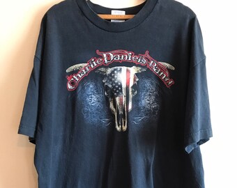 The Charlie Daniels Band Patriotic Steer Skull Black Concert Tour T-Shirt 2XL