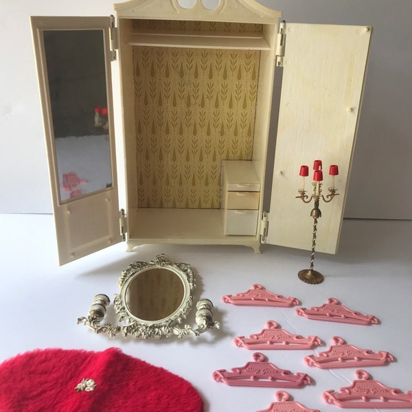 Susy Goose Barbie Doll Wardrobe Armoire, Hangers, Rug, Mirror, Lamp