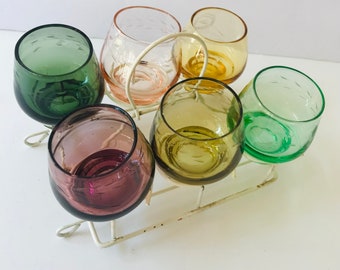 Colorful Etched Shot Sake Glasses Set With Caddy Stand