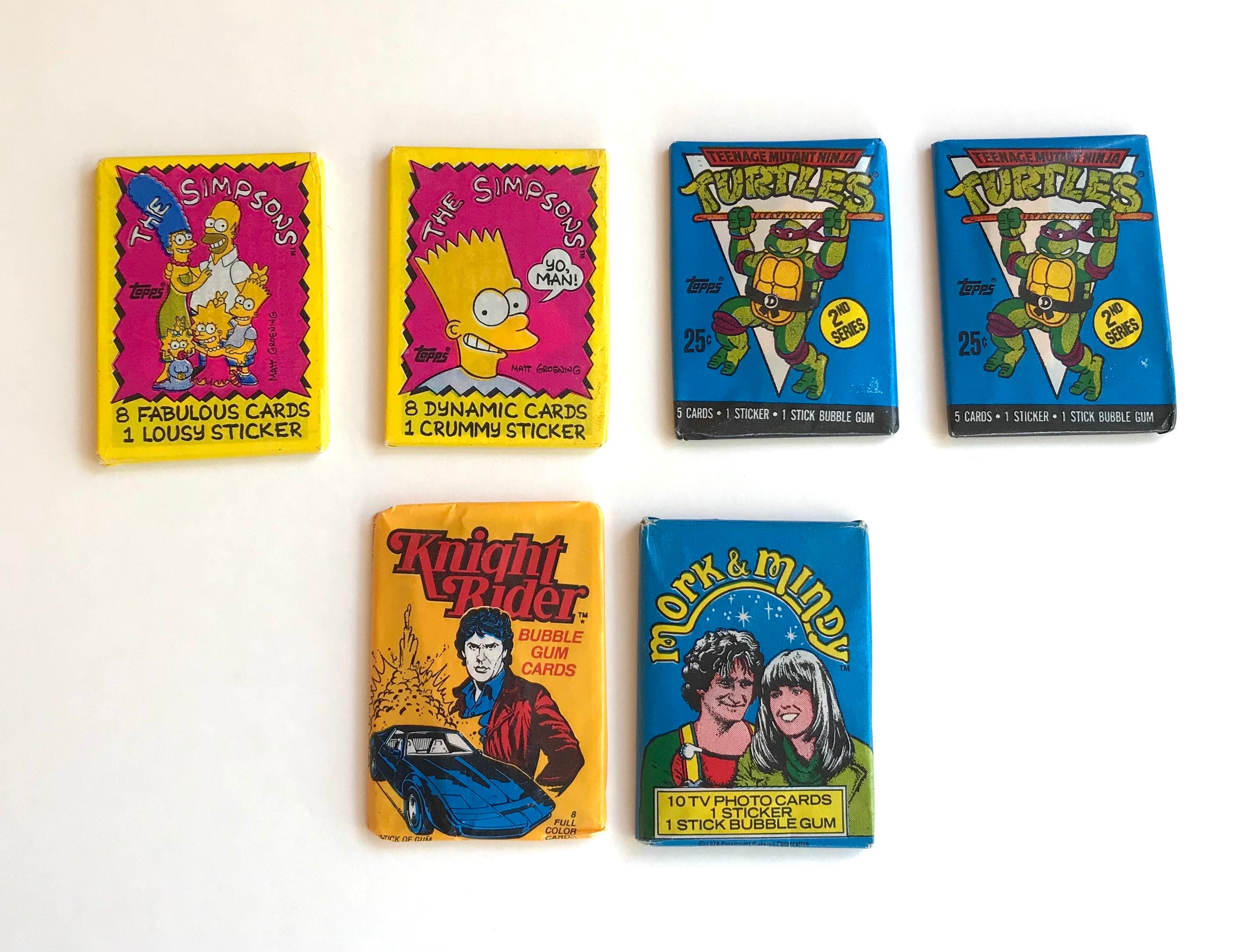 Topps Bubble Gum Cards Lot of 6, Simpsons, Knight Rider, Mork