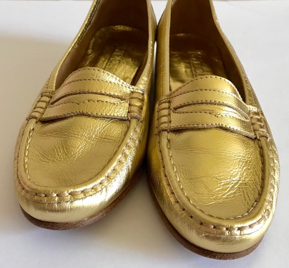 gold penny loafers