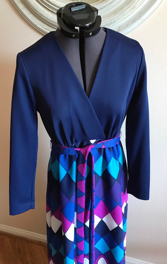 Vintage JC Penney Fashions 1970 Maxi Mod Navy Purp
