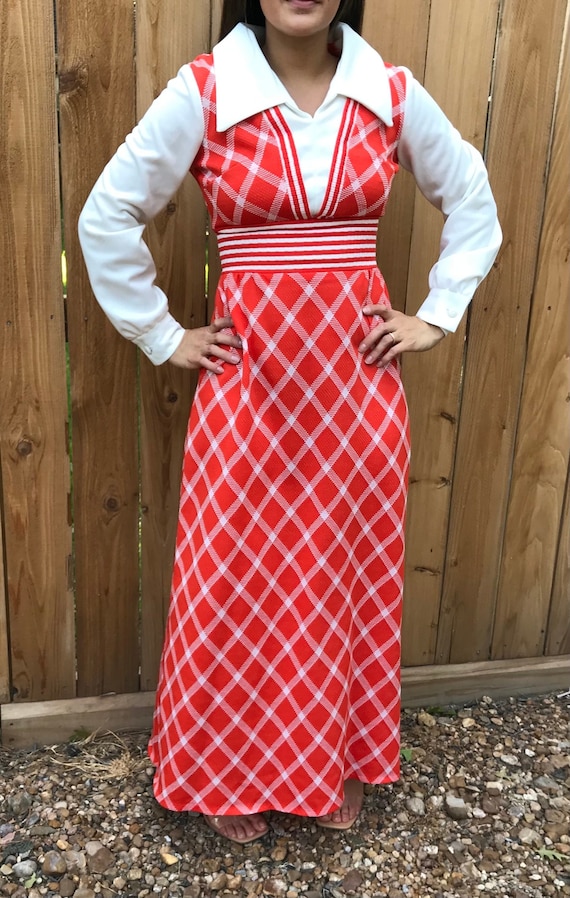 Cute Vintage Maxi Long Connections Dress Red White - image 1