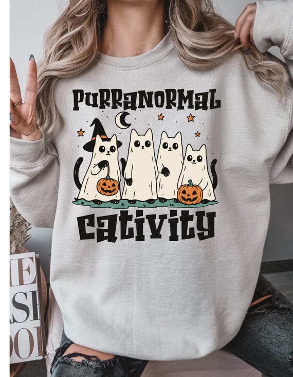 Spooky Ghost Cat Sweatshirt: Purranormal Halloween Shirt