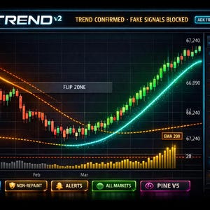 Op de afbeelding: Een digitale interface met een financieel diagram met groene en rode candlestick patronen en een turquoise trendlijn. De interface bevat de tekst "X TREND v2" en diverse functies.