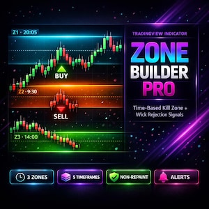 May include: A digital graphic with a trading chart, featuring green and red candlesticks, and the text "ZONE BUILDER PRO." The chart includes "BUY" and "SELL" indicators, with additional labels for "3 ZONES," "5 TIMEFRAMES," "NON-REPAINT," and "ALERTS."