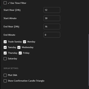 May include: Screenshot of a software interface with settings for a "Pure Price Action BUY Strategy." The interface includes options for time filters, trading hours, and market structure parameters. The background is dark gray.