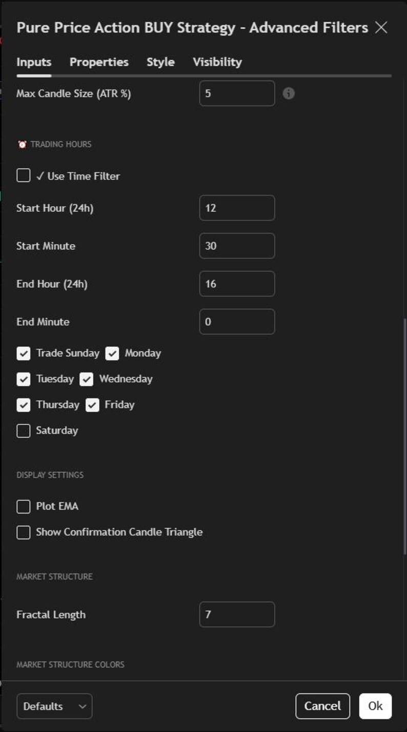 May include: Screenshot of a software interface with settings for a "Pure Price Action BUY Strategy." The interface includes options for time filters, trading hours, and market structure parameters. The background is dark gray.