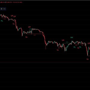 May include: A dark screen displays a stock chart with red and green lines, indicating price fluctuations. The chart is labeled with abbreviations like HH, HL, and LH. A sidebar on the left shows input options.